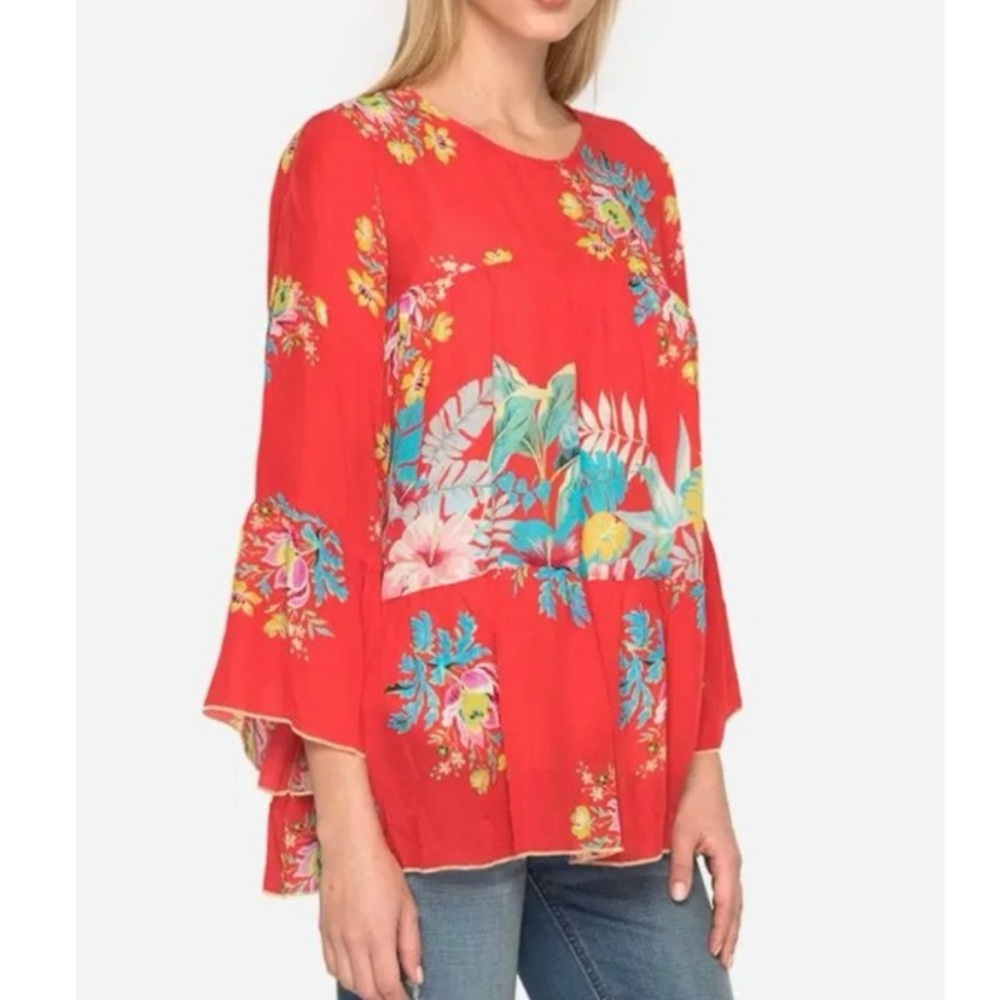 Johnny Was Peonies Garden‎ Blouse Size Small Silky Floral Top Tiered Flowy Boho